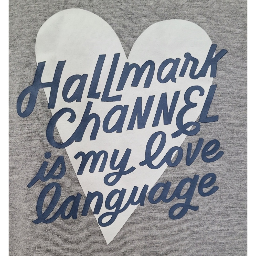 Hallmark‎ Channel Graphic T-Shirt Womens S Gray Love Language Heart Curved Hem
